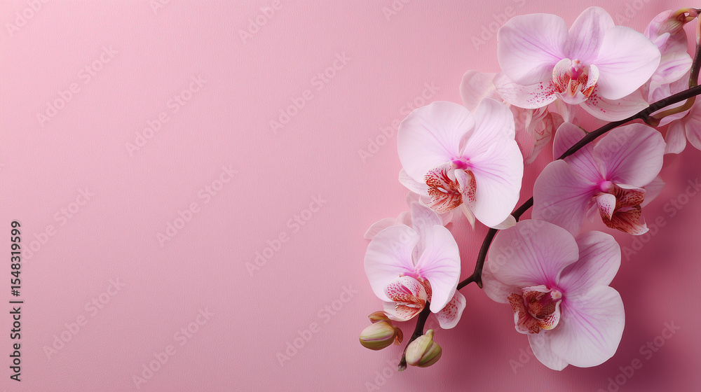 Fototapeta premium Elegant orchid flower on a pink background with space for text — flat lay, top view style.