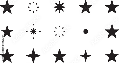 A collection of black star vector icons, perfect for Christmas, holiday, or general decoration designs