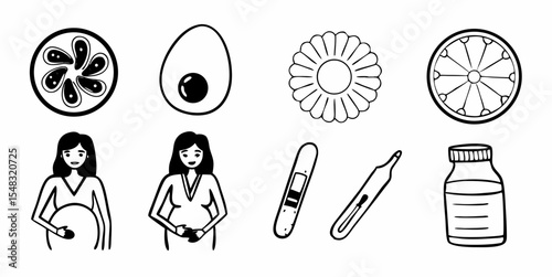Pregnancy and Fertility Icons Set with Healthy Food, Medical Tests, and Expectant Mothers