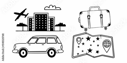 Essential Travel and Tourism Icons Set Featuring Airplane, Hotel, Car, Luggage, and Map Elements
