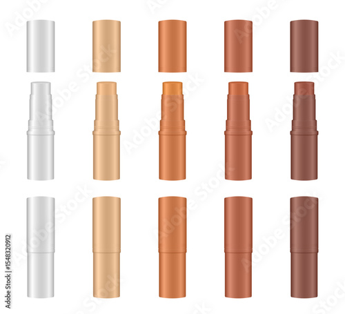 Mockup of thin open and closed cosmetic sticks. Cosmetic tube. Face contouring pen, highlighter or bronzer. Concealer or foundation. White, beige, bronze and brown containers