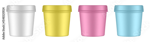 Set of plastic ice cream tubs. Vector mockup of a food packaging. White, yellow, pink and blue jars. Yoghurt container. Plastic Bucket