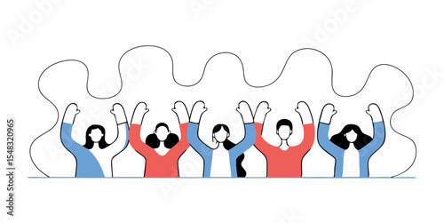 Group of Diverse People with Raised Hands Forming a Connected Line Symbolizing Unity and Teamwork