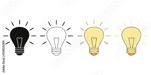Simple Flat Design Icons of Illuminating Bulbs Signifying Thought, Energy, and a New Concept