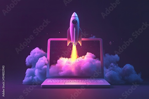 Futuristic laptop launching a rocket
