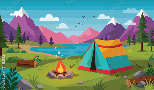 Camping travelling picturesque landscape vector illustration. Template with beautiful view on meadow of tourists camp with tent, campfire, bbq and chairs on mountain and forest background
