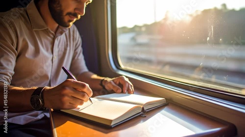 A bearded man sits on a train writing in a journal Sunlight streams through the window illuminating his work Reflection adds depth and intrigue to the scene