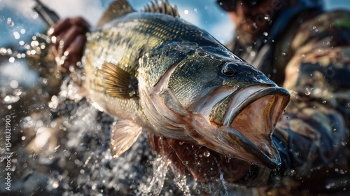 A close-up shot captures a large, freshly caught blackbass fish  being held by an angler