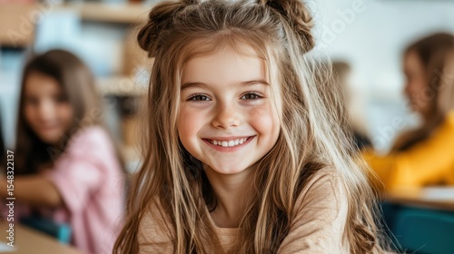 Wallpaper Mural A joyful young girl with long hair smiles brightly while seated at a table in a classroom, capturing the essence of childhood happiness and learning in a vibrant atmosphere. Torontodigital.ca