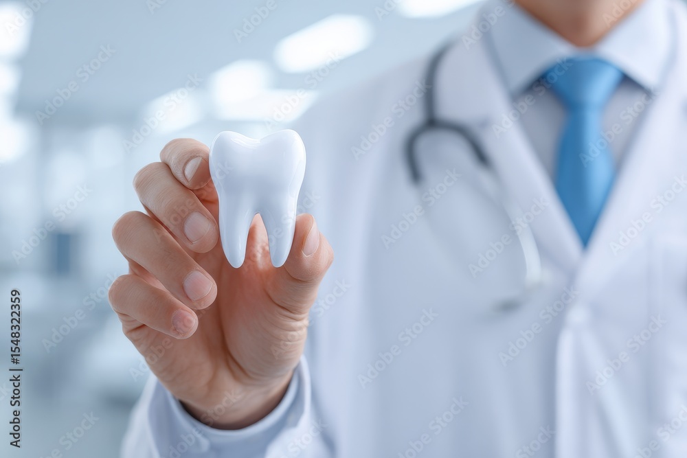 Obraz premium dentist in white coat with tooth in hand closeup