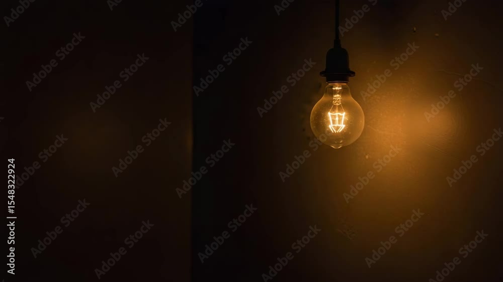 Warm light bulb hanging in a dark room illuminating the space  