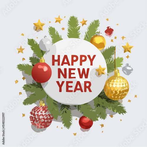 Festive Vector Illustration of a Happy New Year Celebration with Colorful Fireworks, Shiny Confetti, Sparkling Text, Balloons, xmas elements and Golden Lights with white background