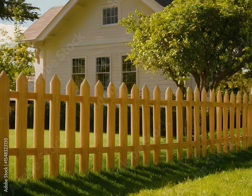 wooden fence at ouside of the house, a welcoming home with a beautiful new wooden fence surrounding the house on a bright and sunny day. The exterior of your home and wood fence in all its glory
