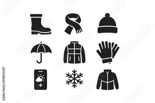 Winter clothing and accessories icons with gloves, boots, scarf, jacket, snowflake, weather app and umbrella in black.
