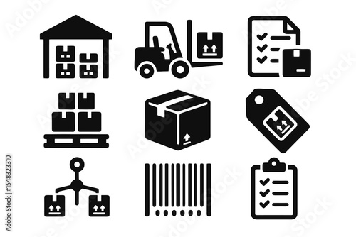Warehouse and logistics icons featuring forklift, pallets, tags, barcodes, inventory checklist and distribution lines.