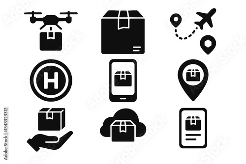 Delivery icons including drone shipping, packages, location pin, tracking app, cloud, and hand receiving parcel in black.