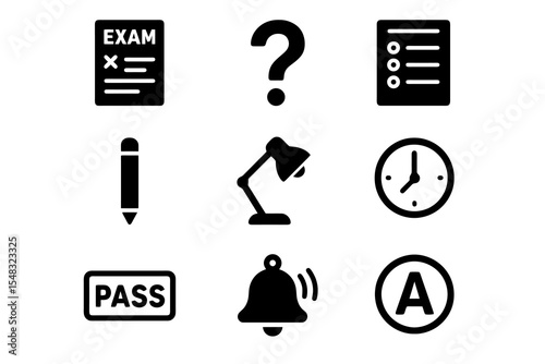 Black vector icons themed around education and exams, including exam sheet, bell, question mark, and grade symbols.