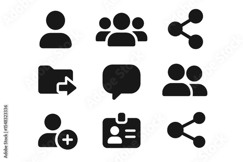 Vector social interaction icons in black showing user profiles, chat, sharing, adding friends, and identification.