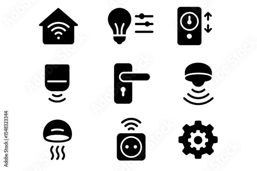 Smart home icons including thermostat, motion sensors, door lock, and energy control devices.