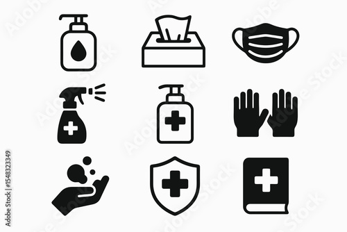 Health and hygiene icon set with sanitizer, gloves, face mask, soap, shield, and tissue.