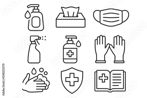 Line icons for health safety and hygiene, including sanitizer, gloves, washing hands, mask, and medical shield.