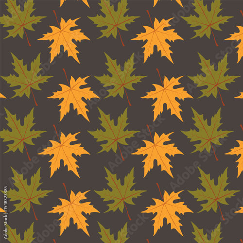 A pattern of yellow and green maple leaves on a dark background. Hand-drawn botanical plants in a vector. The pattern for the print is Canadian maple.