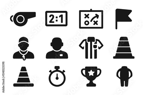 Sports training and referee icons including whistle, scoreboard, cones, stopwatch, trophy, and flag.