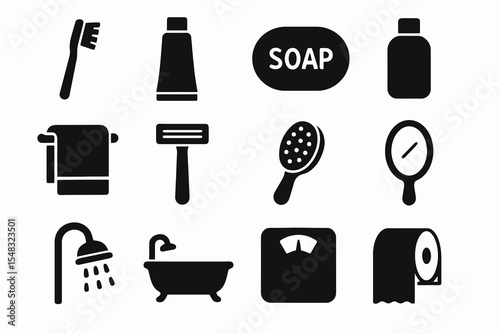 Bathroom essentials icon pack in bold black design, featuring toothbrush, soap, mirror, shower, and other hygiene tools