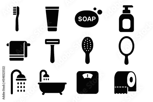 Hygiene icon collection with soap, towel, mirror, shower, and personal care items in bold black silhouette style.