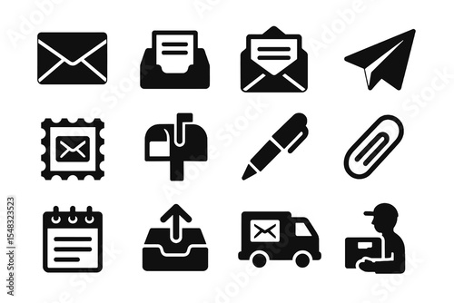 Set of mail and delivery icons including letters, parcels, envelopes, pens, and postal services in solid black style.