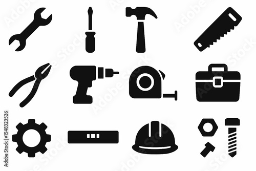 Construction tools and equipment icons in solid black, including wrench, screwdriver, hammer, helmet, and drill.