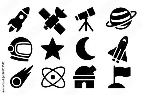 Solid black icons representing astronomy elements such as rocket, telescope, astronaut, and space exploration gear.