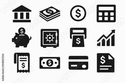 Set of finance and banking icons in black style including piggy bank, money, ATM, and growth chart for financial concepts.