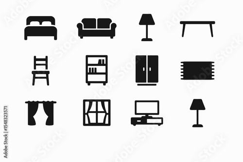 Black home interior icon set featuring furniture and room essentials like bed, sofa, curtain, and lamp.
