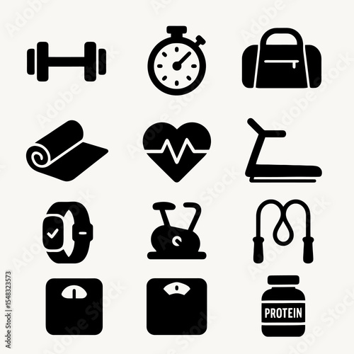 Set of black icons for fitness and gym including dumbbell, heart rate, treadmill, scale, and protein bottle.