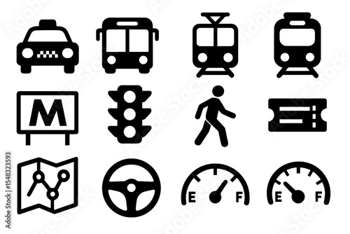 Black transportation and travel icon set with bus, train, taxi, speedometers, and navigation signs.