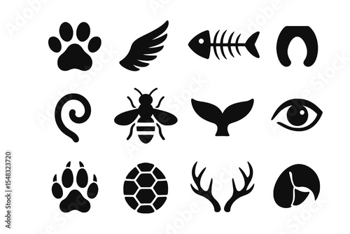 Wildlife and nature icons including paw print, bee, whale tail, antlers and animal elements.