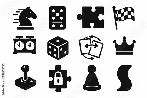 Solid icons set with classic board game symbols such as pawn, dice, crown and puzzle lock.