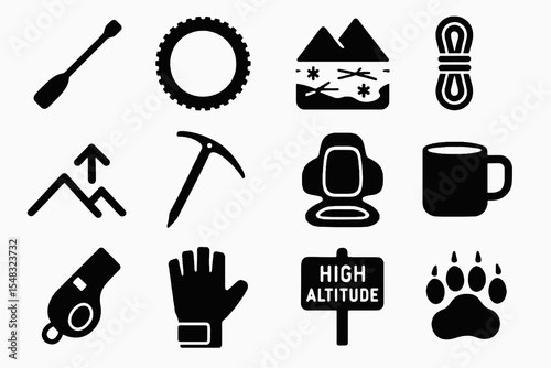 Mountaineering and hiking icons featuring tools, safety gear and outdoor expedition elements in black.