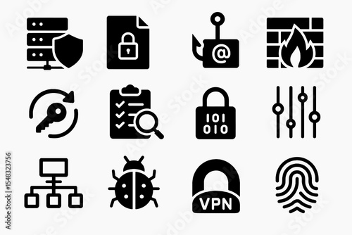 Cybersecurity icon set featuring firewall, encryption, phishing, malware and VPN in solid black style.