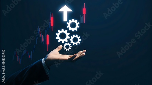 Process to increase productivity concept. Businessman holding productivity icon with growth graph for industrial management in efficiency and efficient process. Lean cost and productivity growth. hand
