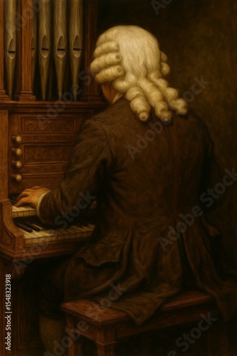 white-wig baroque musician playing pipe organ, AI generated
