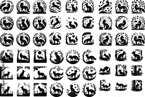 Forest Fox Icon Silhouette – Nature Animal Vector Pack Fox in Forest Silhouette Set – Wildlife Icon Collection