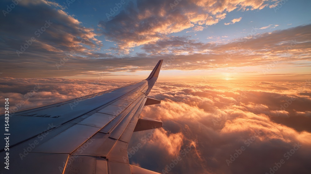 Obraz premium Golden hour glow illuminating the airplane wing and thin clouds drifting below