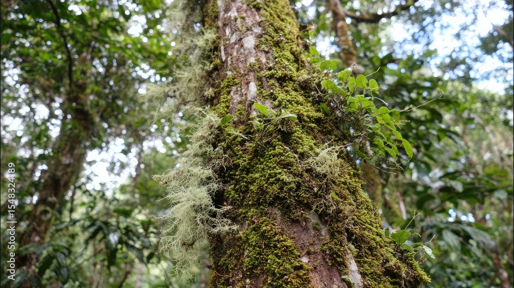 Fototapeta premium Jungle tree trunk with hanging moss and patches of smoothed bark from monkey activity
