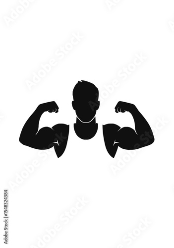 Black Silhouette of a Muscular Man Flexing Biceps in Tank Top on White Background for Fitness, Gym, Bodybuilding, or Athletic Branding