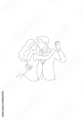 Minimal Line Art Illustration of Man and Woman Dancing Together in Romantic Pose Isolated on White Background for Wedding, Romance or Ballroom Themes