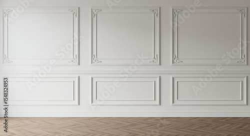 Room interior with white classic wall panel and wooden floor. Light background with luxury elegant molding frames. Realistic 3d vector illustration of home or office design with moulding and parquet