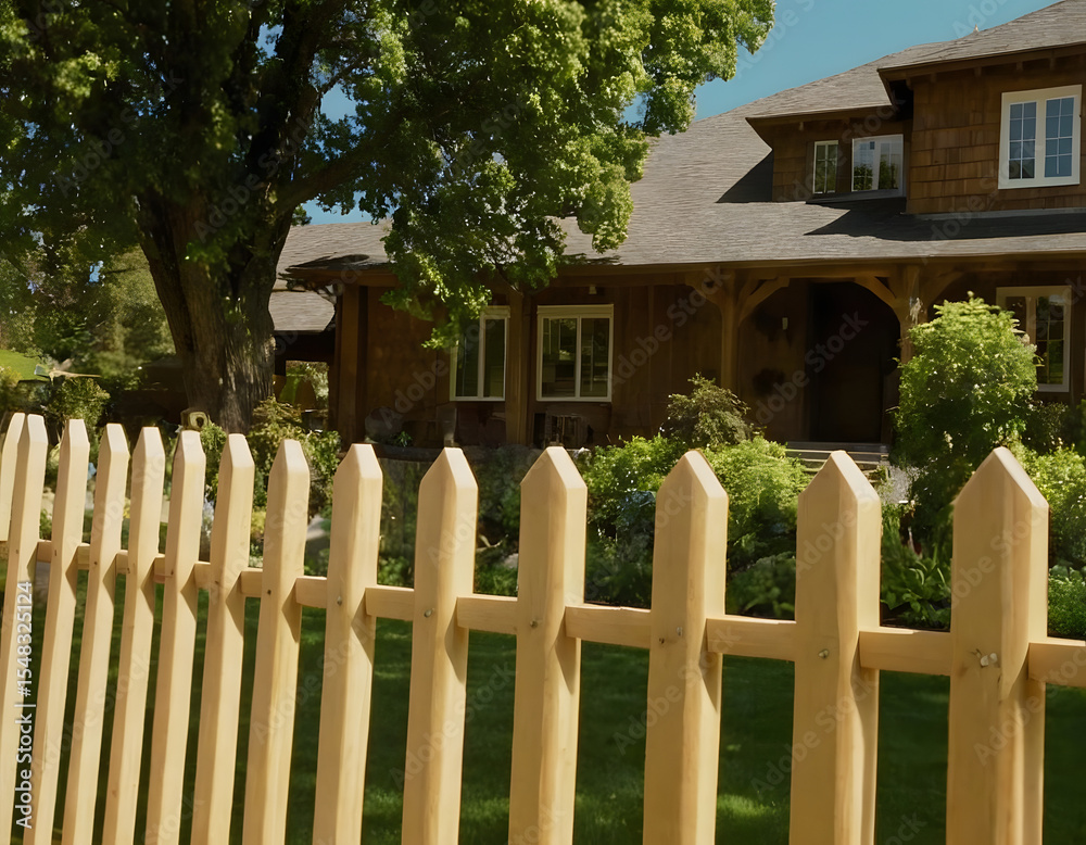 Obraz premium wooden fence at ouside of the house, a welcoming home with a beautiful new wooden fence surrounding the house on a bright and sunny day. The exterior of your home and wood fence in all its glory