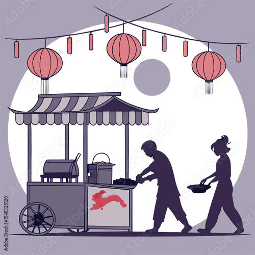 Culinary Action, Food Vendors, Night Market, Illustration, Urban Environment, Side View, Cultural Experience